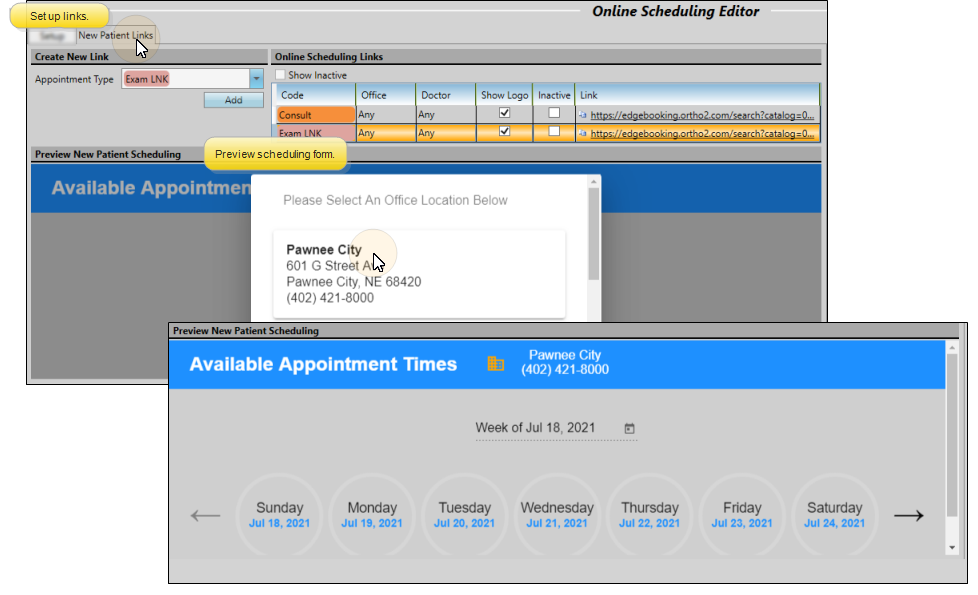 Online Scheduling Editors New Patient Links Tab